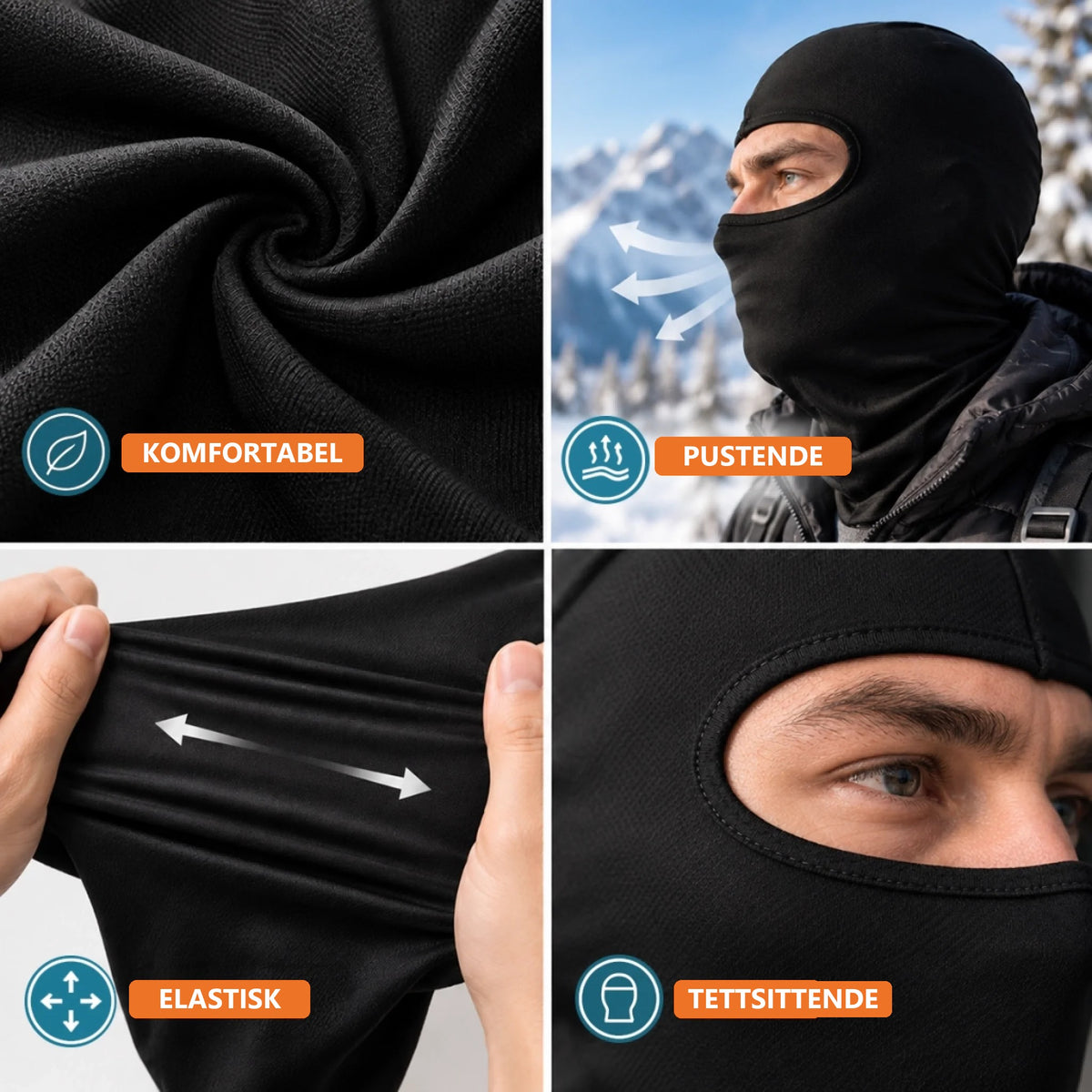 Komfortabel, pustende, elastisk og tettsittende skimaske